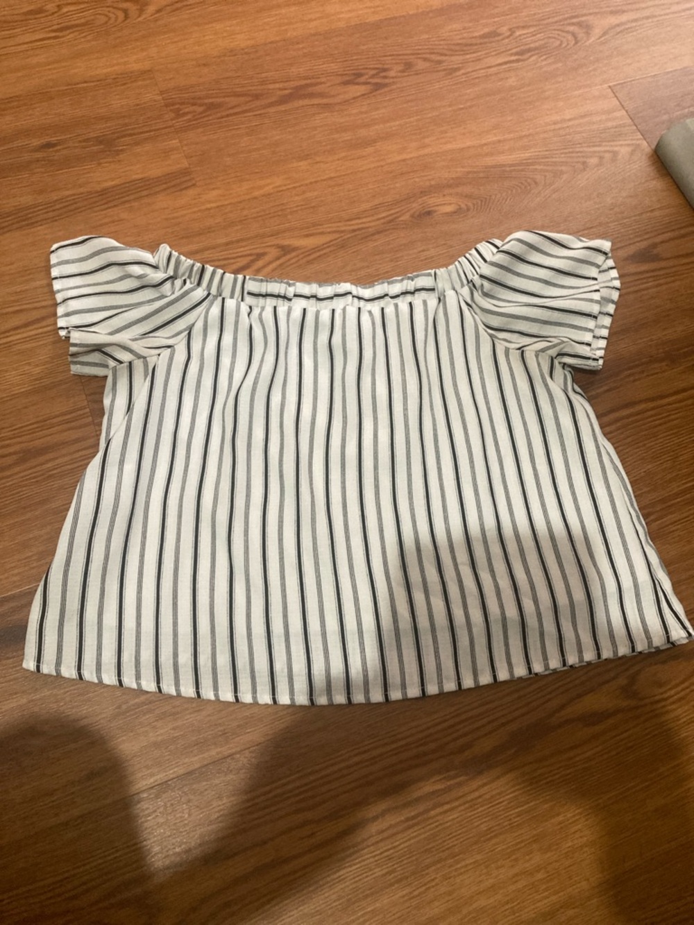 Doe & Rae White and Black Striped Off-Shoulder Crop Top